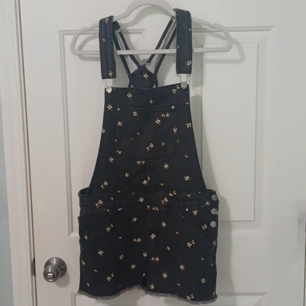 Floral Black Denim Short Overalls